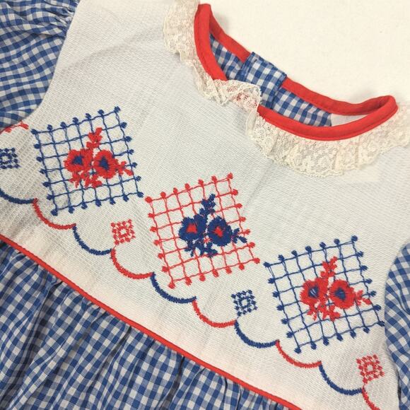 Vintage Dress Girls Size 18-24m Blue Gingham Embroidered School - Picture 2 of 5